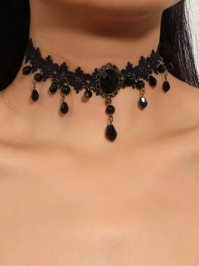 Victorian Black Lace Choker Necklace with Beaded Teardrops